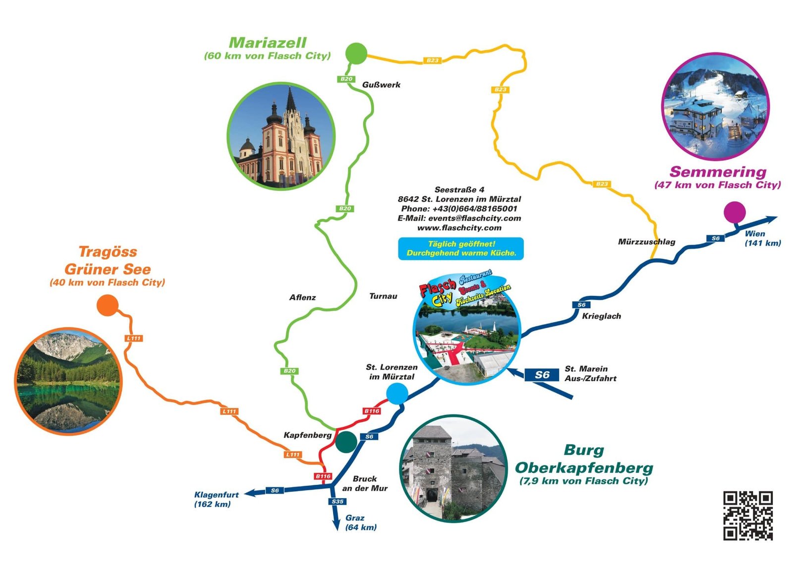 Straßenkarte zum Grünen See, Mariazell, Burg Oberkapfenberg, Semmering von Flasch City Raststation/Jausenstation, auch S6 Abfahrt St. Marein & S6 Abfahrt Kapfenberg und Bruck an der Mur.